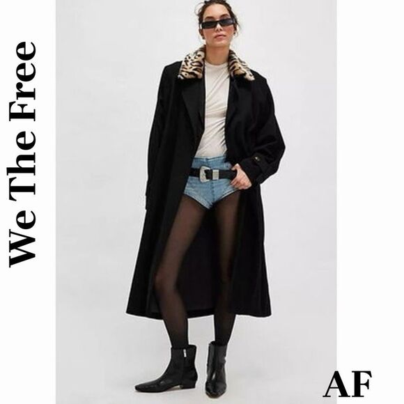 We The Free Jackets & Blazers - We The Free Need It Black Trench Coat with Leopard Print Collar in Medium New